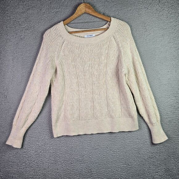 Old Navy Cable Knit Sweater Cream Medium Chunky Raglan Fall Classic Neutral - Picture 9 of 11